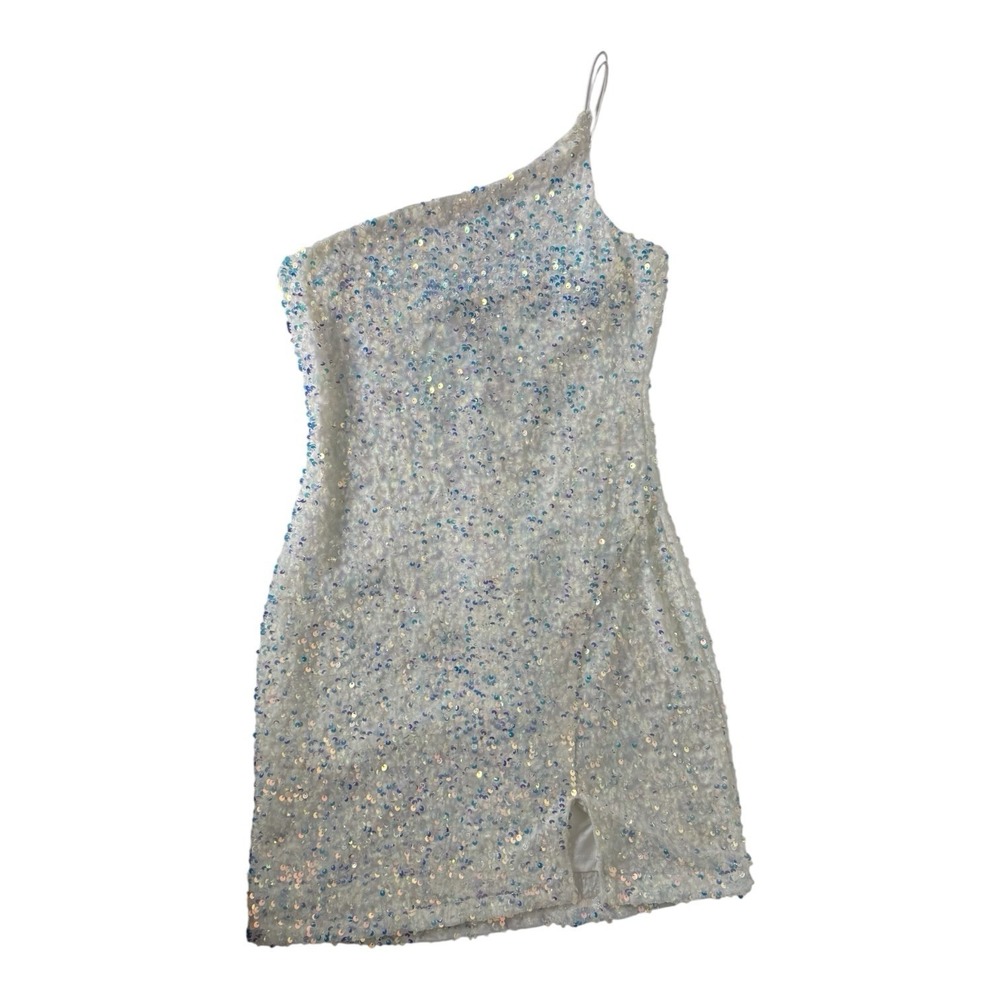 Midnight Doll White One Shoulder Sequin Front Slit Bodycon‎ Dress Juniors S